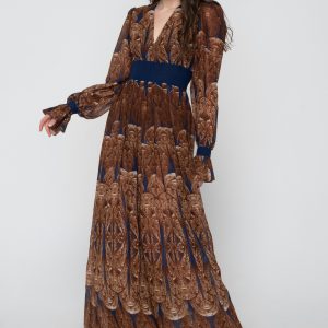 Woman in maxi brown dress