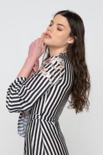 Woman in black & white maxi dress