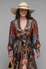 Woman in colorful maxi kimono