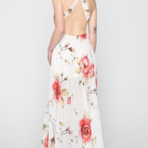 Woman in white floral dress