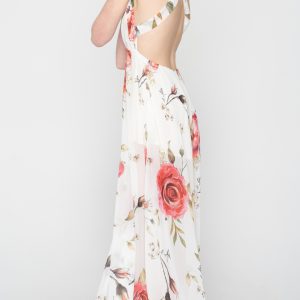 Woman in white floral dress