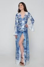 Woman in maxi blue dress