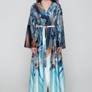 Woman in blue silk kimono