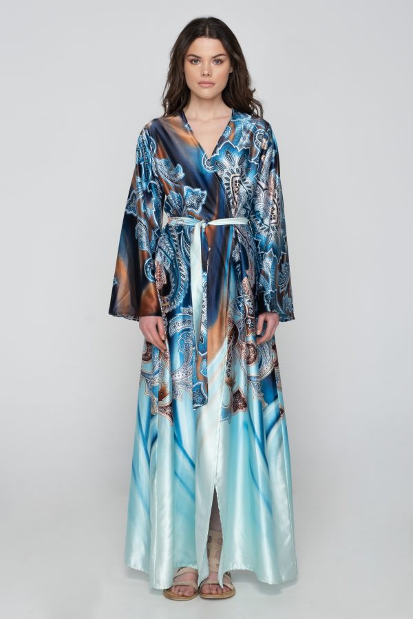 Woman in blue silk kimono