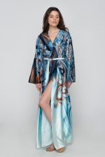 Woman in blue silk kimono