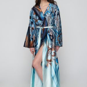 Woman in blue silk kimono