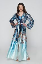 Woman in blue silk kimono