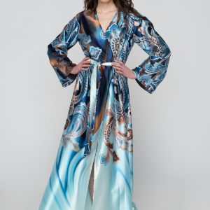 Woman in blue silk kimono