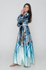 Woman in blue silk kimono