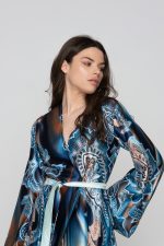 Woman in blue silk kimono