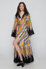 Woman in colorful satin dress