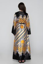 Woman in colorful satin dress