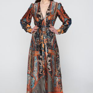 Woman in colorful maxi kimono