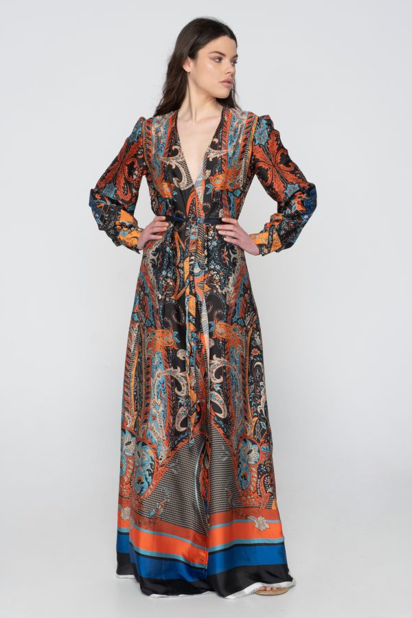 Woman in colorful maxi kimono