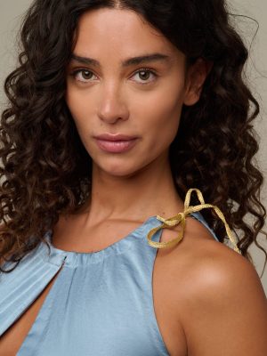 Woman in blue summer dress