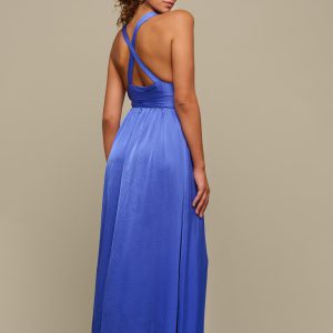 Woman in blue maxi silk dress