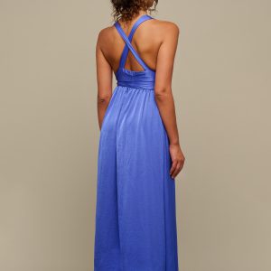 Woman in blue maxi silk dress