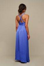 Woman in blue maxi silk dress