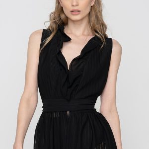 Woman wearing maxi black beachwear dress