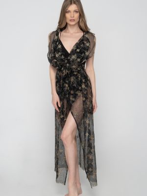 Woman wearing floral beachwear kimono