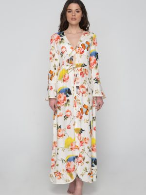 Woman wearing colorful beachwear kimono