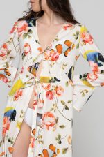 Woman wearing colorful beachwear kimono