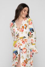 Woman wearing colorful beachwear kimono